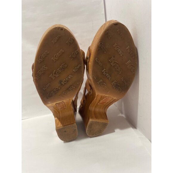 Korks By Korks Easy Womens Tan Laser Cut Leather Wood Platform Sandals size 10 - Picture 7 of 10